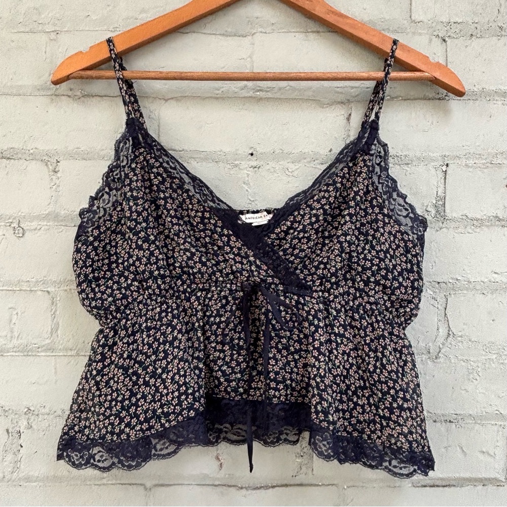 Floral Lace Trim Camisole Top with Spaghetti Strap